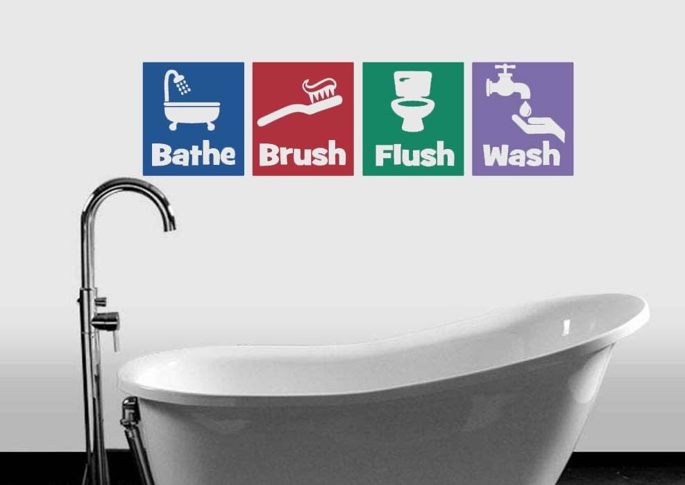Bathe Brush Flush & Wash Bathroom Wall Quote Sticker Decal (8"h squares)