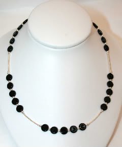 Sterling Silver & Black Flat Round Glass Bead Necklace
