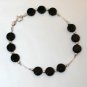 Sterling Silver & Black Flat Round Glass Bead Necklace