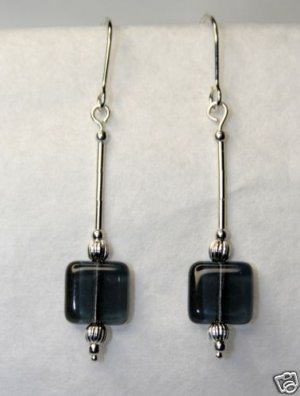Sterling Silver & Grey Square Glass Beaded Earrings