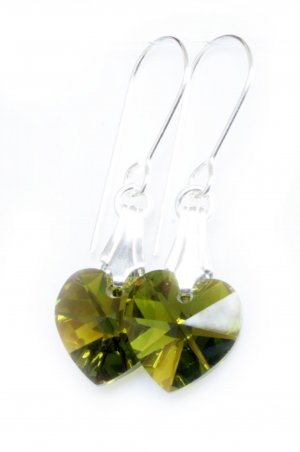 925 Sterling Silver Olivine AB Green Heart Earrings made with SWAROVSKI ELEMENTS
