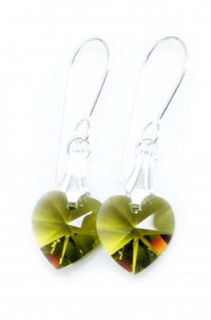 925 Sterling Silver Olivine Green Heart Earrings made with SWAROVSKI ELEMENTS