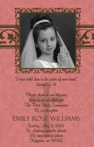 Damask Berry & Brown Photo Communion Invitations & Confirmation