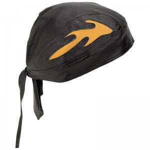 GFSKULLFLO: Diamond Plate &acirc;�&cent; Solid Genuine Leather Skull Cap with Orange Flames