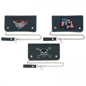 BKWAL3: Diamond Plate &acirc;�&cent; 3 pc Solid Genuine Leather Biker Wallets with Chains