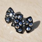 Black Ribbon Bow Earrings with Silver Gray Crystals