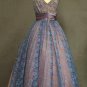 1950s-Style Sleeveless Tea Length Wedding Dress with Wrapped Ribbon Waist Back V Neckline Full Skirt