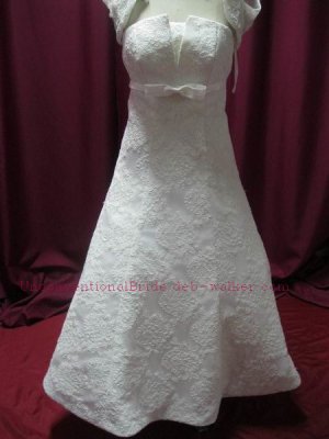 Strapless Lace and Satin Tea Length Wedding Dress with Lace Bolero Jacket