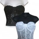 Fullness Low Plunge Backless & Strapless Bridal Lace Corset Girdle Underwire Bra Bustier, 38C White
