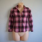 Pink Brown Squares Button Down Blouse Plaid Shirt