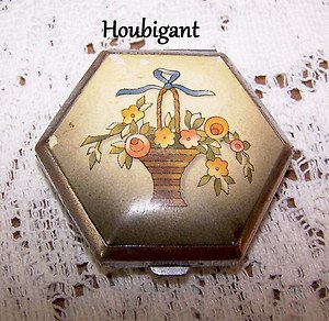 Vintage Compact Houbigant 1934 Floral Basket TriHinge Retro Pre WWII Vanity Rare