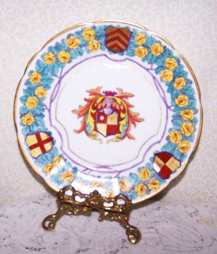 Vintage Dresden Saxe Plate Germany Coat of Arms Yellow Roses Hand Painted RARE