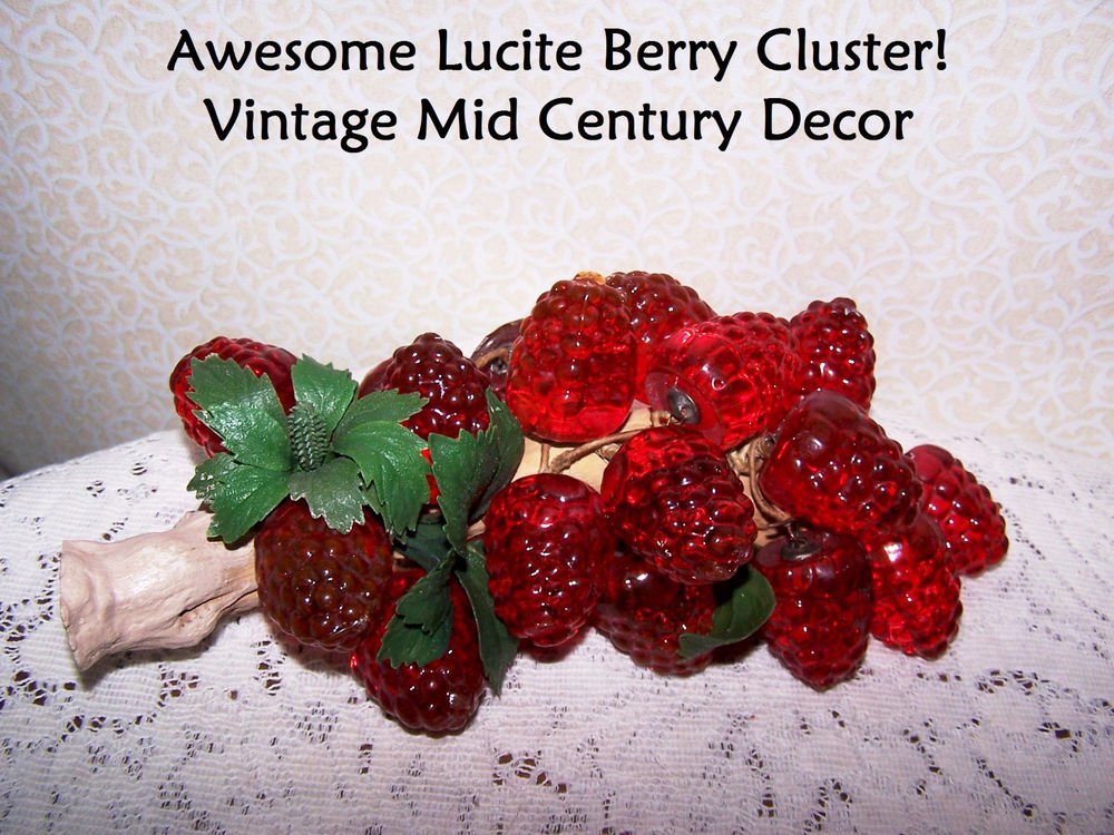 Vintage Lucite Red Berries Retro 60s 70s Holiday Decor Table Accent Bright Clear