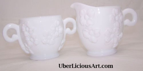 Hazel Atlas Dogwood Milk Glass Cream & Sugar Vintage Country Southern Belle Chic