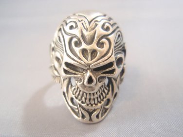 Sterling Silver Ring 925 Sugar Skull Flowers Tattoo Wings Ring Unique