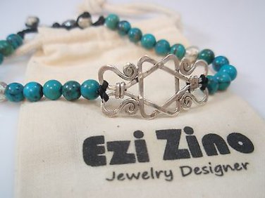 Ezi zino sterling silver 925 star of david Turquoise natural Beads 6mm Bracelet