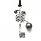 Antique Silver Key Rose Charm Corded Necklace Antique Silver Key Rose Charm Corded Necklace