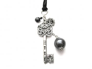 Antique Silver Key Rose Charm Corded Necklace