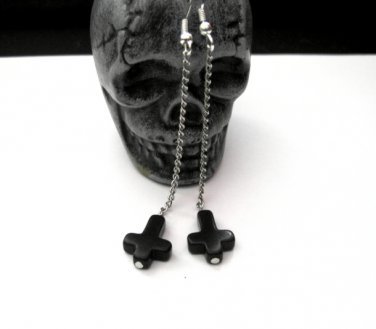 Inverted Cross Black Magnesite Dangle Earrings