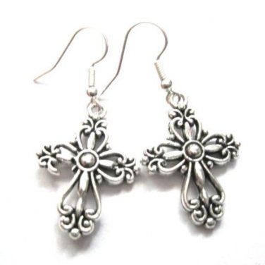 Filigree Cross Tibetan Silver Dangle Earrings