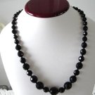 Vintage French Jet Black Glass Facetted Beads Necklace