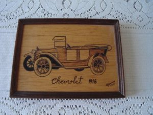 Vintage Wood Burnt  Antique Car Frame 1977  Pyro- Decor