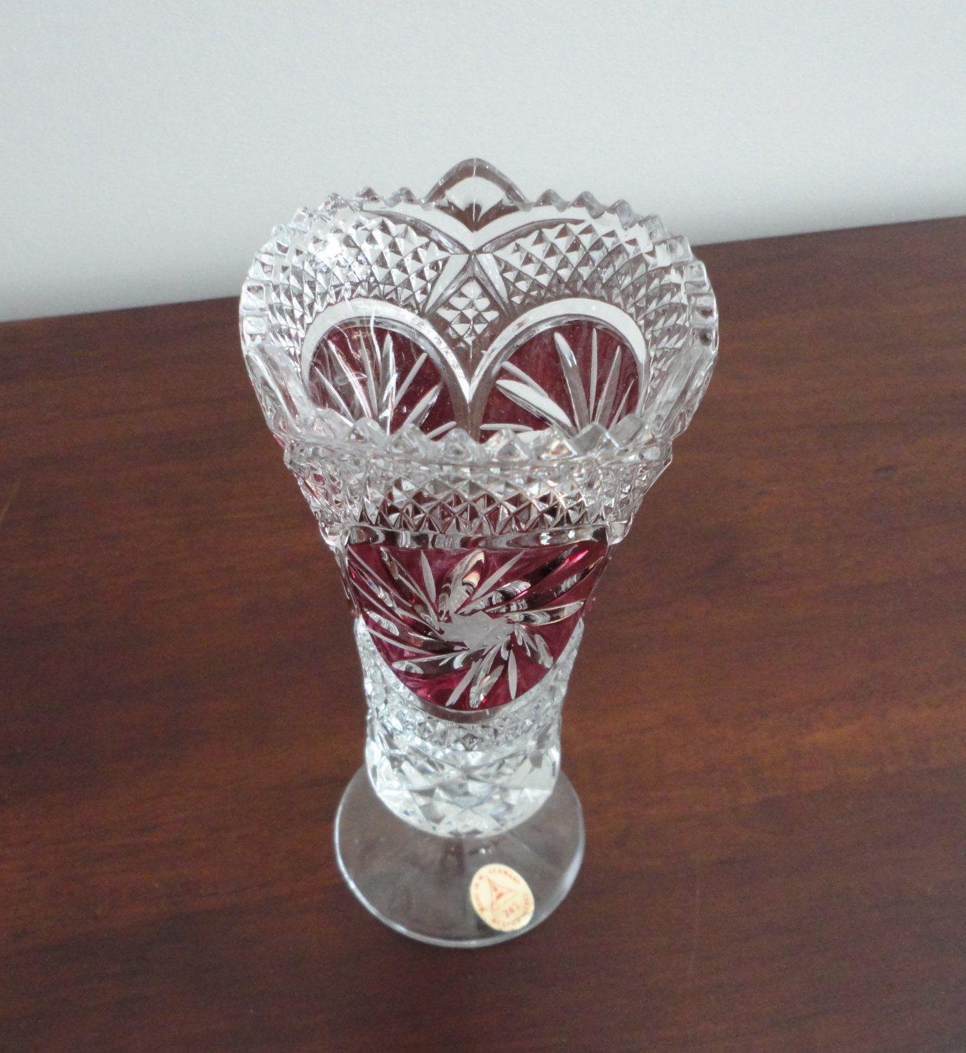 German Bleirikristall Small Lead Crystal Red Spinwheel Pattern Small Vase
