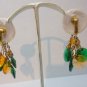 Vintage Clear Orange/Green Facetted Round Beads Lucite? Dangle Clip Earrings NOC