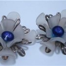 Vintage Showgirl Big White & Purple Flowers Clip Earrings 50's