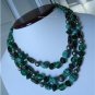 Vintage Green Art Glass Beads Necklace Bib 3 Rows 70's