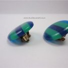Vintage Laminated Lucite Navy/Green Stripes Buttons Clip Earrings 60s