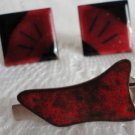 Vintage Artisan Red & Burgundy Enamel Cufflinks/Tiebar