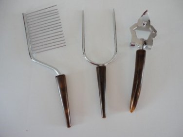 Vintage brown/caramel swirl bakelite:Opener,Cake Breaker, Meat Holding Pick