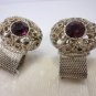 Vintage Silvertone Mesh & Filigree Purple Glass Facetted Stone Cufflinks NOC 70s