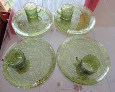 Vintage Avocado Green Glass Snack Set Ancho Hocking 70's
