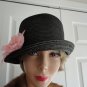 Vintage Black Straw Cloche Women Hat XS 21 inches 60s Pink Organza Flower