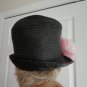 Vintage Black Straw Cloche Women Hat XS 21 inches 60s Pink Organza Flower