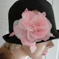 Vintage Black Straw Cloche Women Hat XS 21 inches 60s Pink Organza Flower