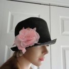 Vintage Black Straw Cloche Women Hat XS 21 inches 60s Pink Organza Flower Vintage Black Straw Cloche Women Hat XS 21 inches 60s Pink Organza Flower