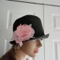 Vintage Black Straw Cloche Women Hat XS 21 inches 60s Pink Organza Flower