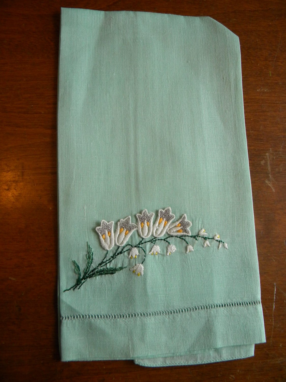 Vintage Seafoam Green Linen Tea or Fingertip Towel with Floral