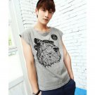 Fashion Style Round Collar Wolf Print Sleeveless Polyester T-Shirt For Men