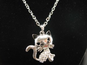 SN343 Crystal Funky Cat Silver Pendant Necklace Best Gift Idea