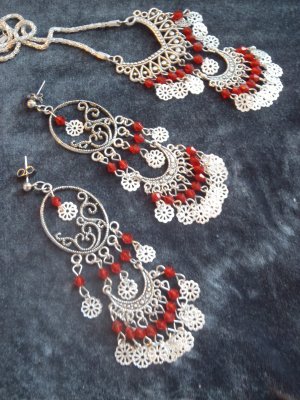 Belly Dance Style Red Drop Silver Chandelier Earrings and Necklace Set