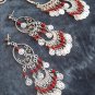 Belly Dance Style Red Drop Silver Chandelier Earrings and Necklace Set