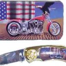 Chopper/Eagle/USA Flag Knife in Metal Tin