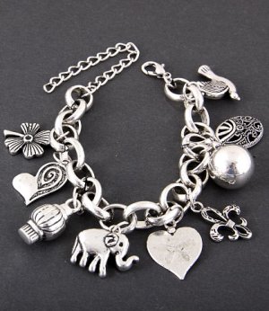 Four Leaf Clover, Elephant, Hearts and Ribbons Charm Bracelet
