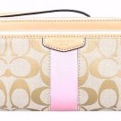 Coach Signature Stripe 12CM Double Zip Wallet Wristlet  Khaki/Shell Pink