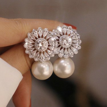 Pearl and White Sapphire Diamond Earrings