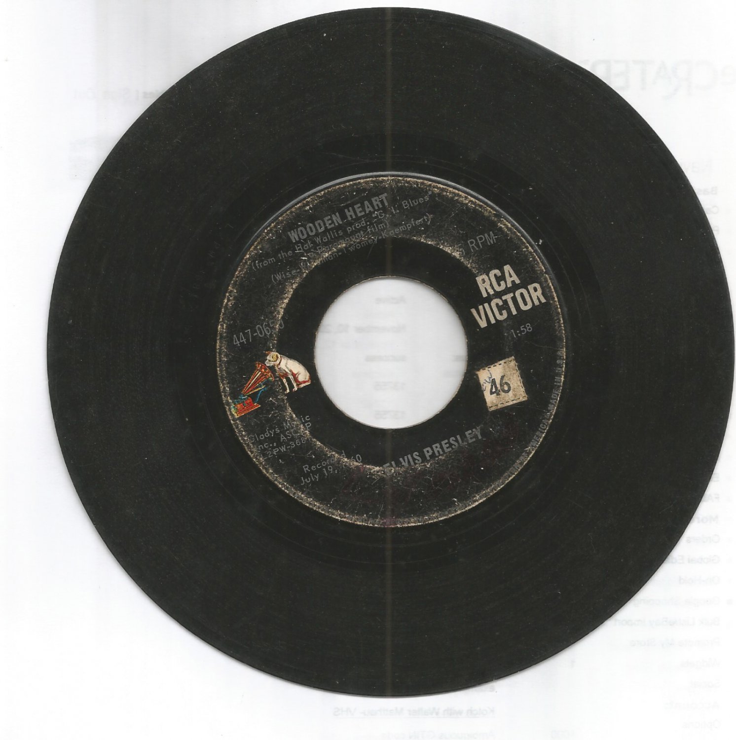 Elvis Presley Puppet on a string/ Wooden Heart 45 RPM